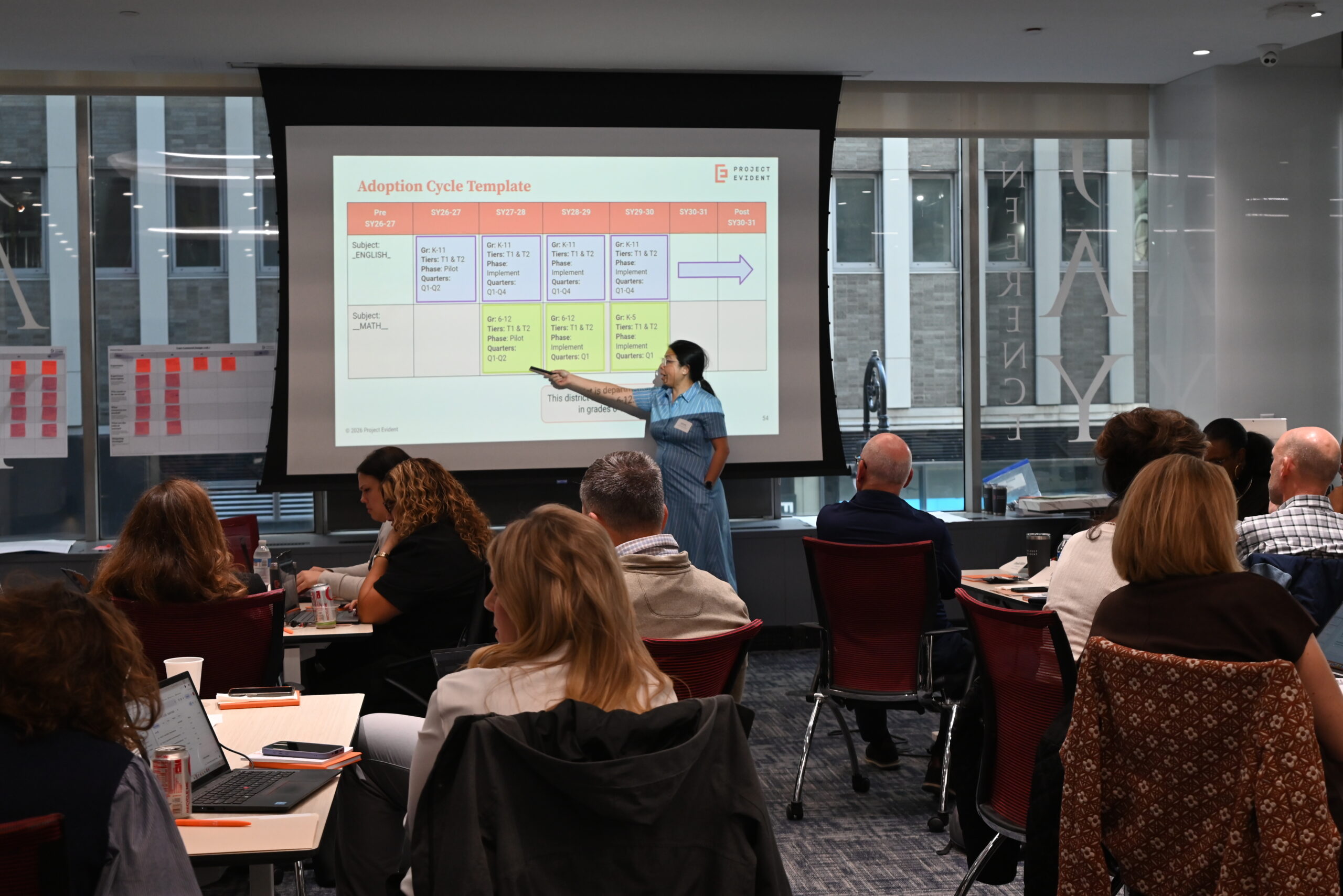 A presenter points to an adoption cycle planning template projected on a screen during a Project Evident workshop. Participants sit at tables, following a presentation on phased curriculum implementation across multiple school years.